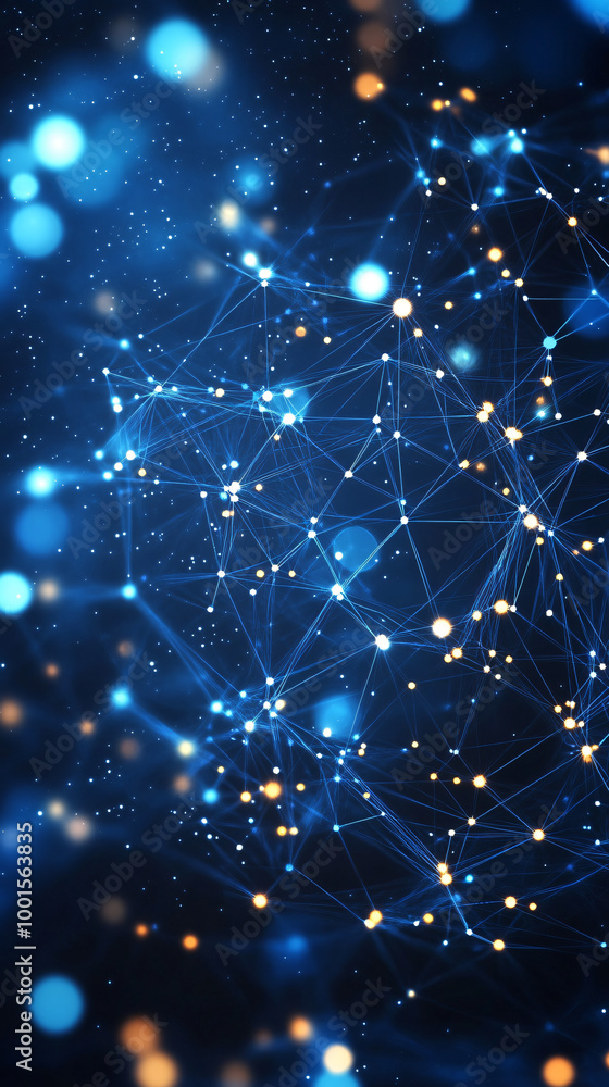 Aufkleber Network of lines and glowing points is forming a spherical shape on a dark blue background with bokeh