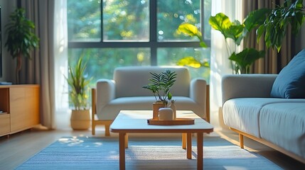 Shot of a Bright Cozy Modern Apartment with Big Windows Decorations and Stylish Furniture : Generative AI
