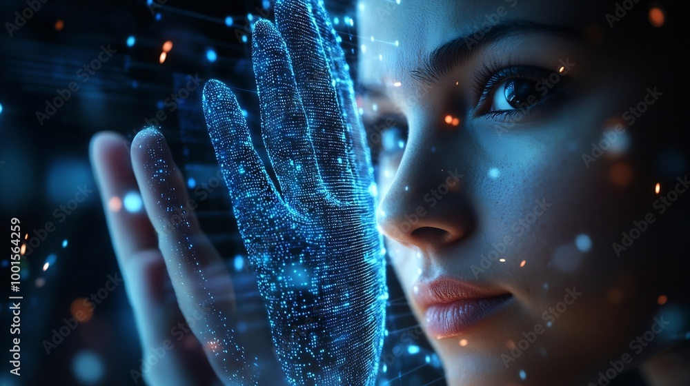 Leinwandbilder Cyber security data protection Woman using mobile phone and fingerprint or face id scan to access personal data security on secured network connection Biometric technology data encrypt : Generative AI