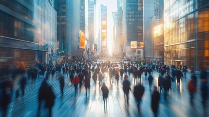 Obraz premium busy city street with a crowd of people walking, showcasing the motion blur and dynamic movement of pedestrians in a modern urban environment, reflecting the hustle of everyday life in the city