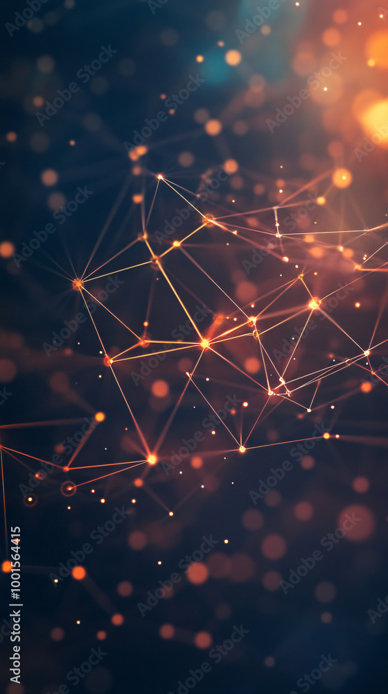 Fototapete Connections of glowing lines and dots on dark background with shallow depth of field in abstract network