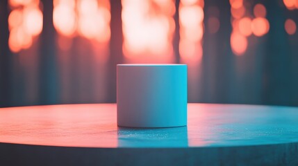 Glowing smart speaker on wooden table with bokeh background