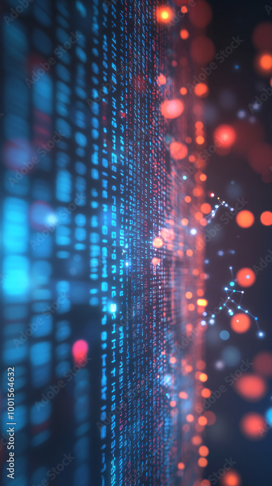 Poster digital data stream flowing on blurry background with glowing particles, concept of big data process
