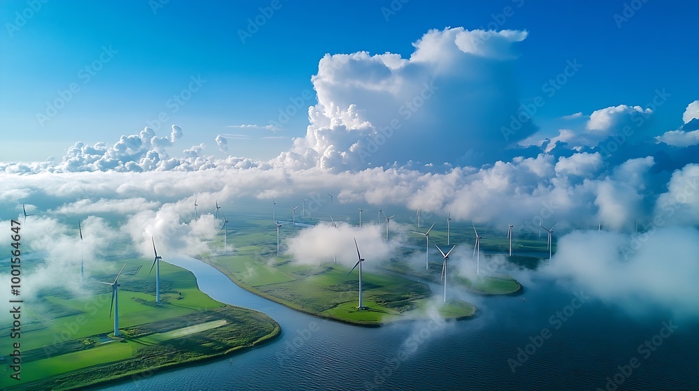 Poster offshore windmill park with clouds and a blue sky windmill park in the ocean aerial view with wind t