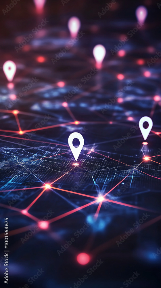 Poster futuristic gps technology displaying location pins pulsing on a digital map with interconnected line