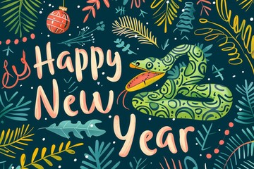 A colorful poster with a tree and two snakes on it