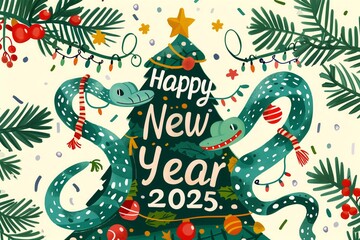 A colorful poster with a tree and two snakes on it