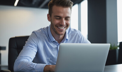 A man smiles while using his laptop in an office setting
