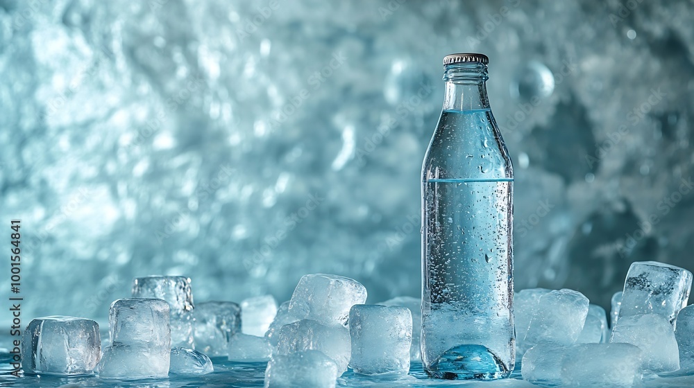 Poster a glass bottle with cold natural drinking water stands on an ice podium against a background of tran