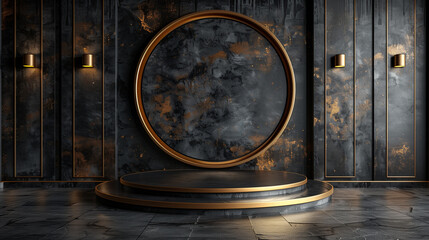 Luxury product display podium on black background with golden circular lines