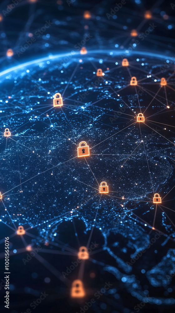 Aufkleber Secure data connections are seen transferring information around a globe at night