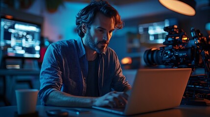 Male production manager using laptop at photo shoot in studio : Generative AI
