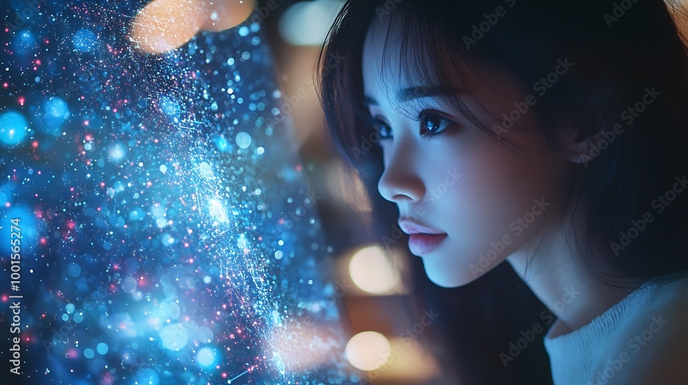 Poster Digital technology internet network connection global business concept Woman using modern computer surfing the internet data exchange digital marleting innovative technology background : Generative AI