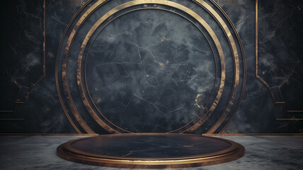 Fototapeta premium Luxury product display podium on black background with golden circular lines