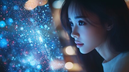 Digital technology internet network connection global business concept Woman using modern computer surfing the internet data exchange digital marleting innovative technology background : Generative AI