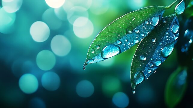 Large drop water reflects environment Nature spring photography  raindrops on plant leaf Background image in turquoise and green tones with bokeh : Generative AI
