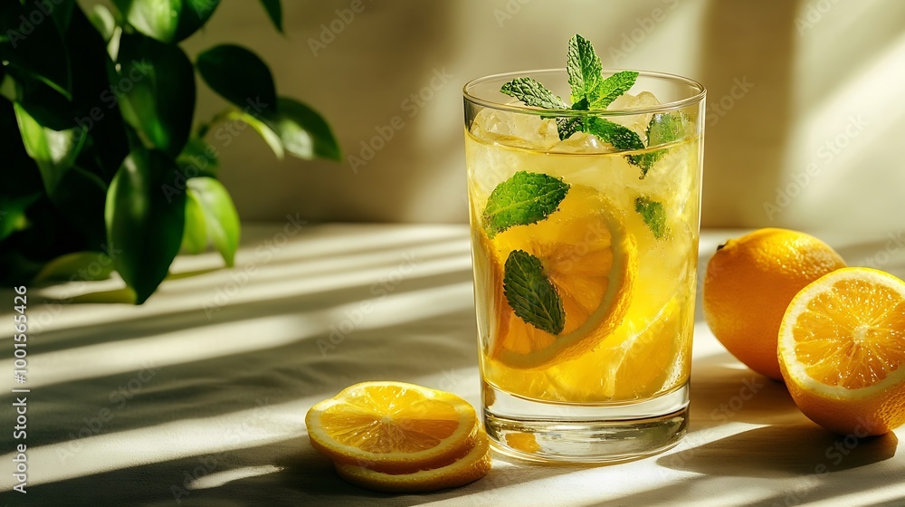 Aufkleber Iced drink with lemon mint in a glass on a on a light background with shadow and citrus fruits The concept of a cold tea or lemonade on a hot summer day Front view : Generative AI