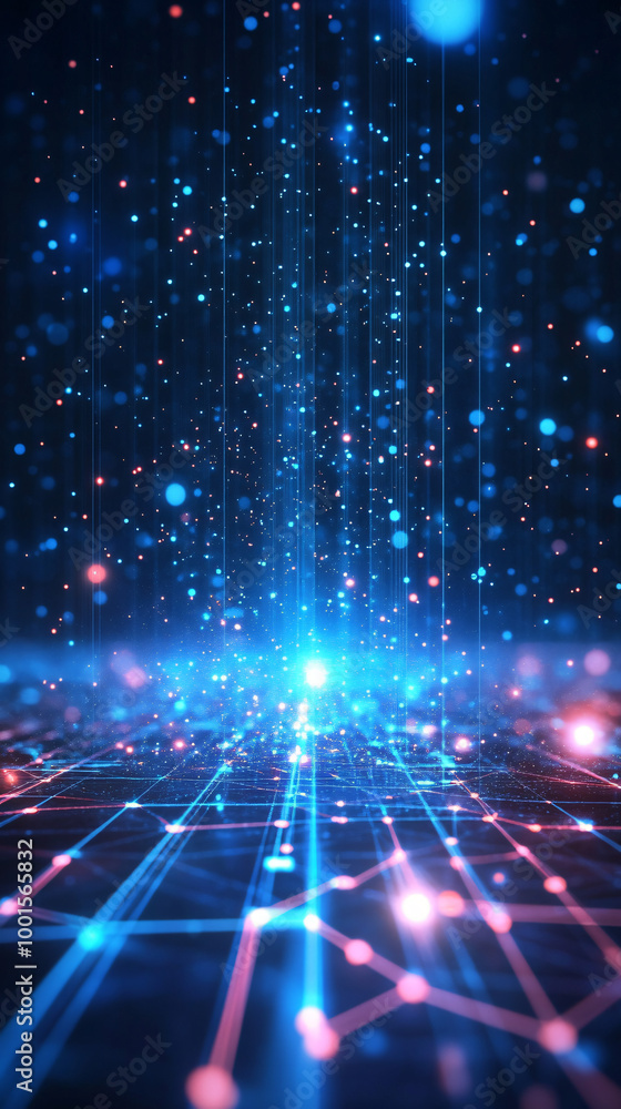 Poster futuristic technology backdrop featuring luminous lines and cascading particles