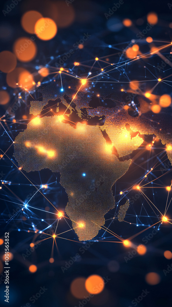Poster World map is shown with glowing dots and lines connecting them over a dark blue background with bokeh