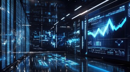High-tech business environment with success charts and rising arrows displayed on a large screen