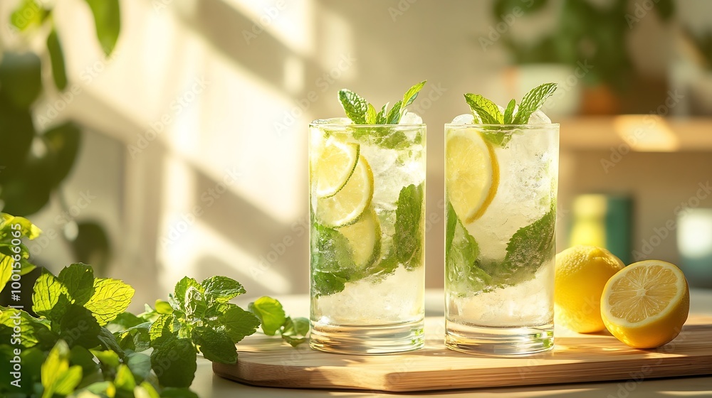 Poster two glasses of mojito cocktail or tonic with lemon lime mint and ice on a wooden board summer concep