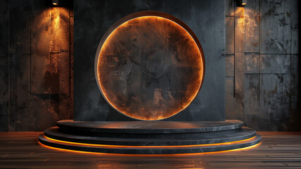 Luxury product display podium on black background with golden circular lines