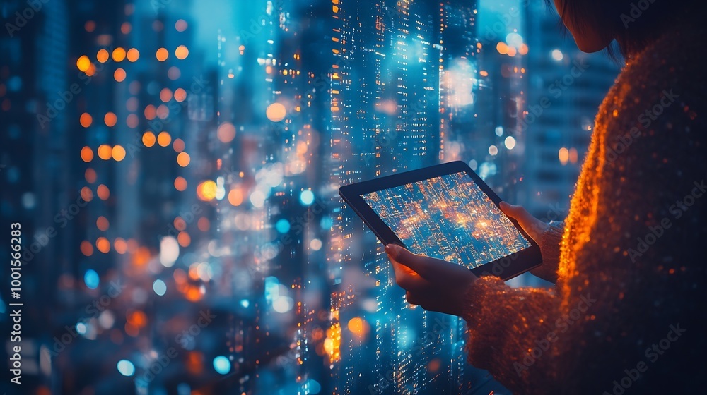 Poster Digital marketing data exchange global business Businessman using digital tablet computer double exposure with smart city online marketing data transfer global internet network technol : Generative AI