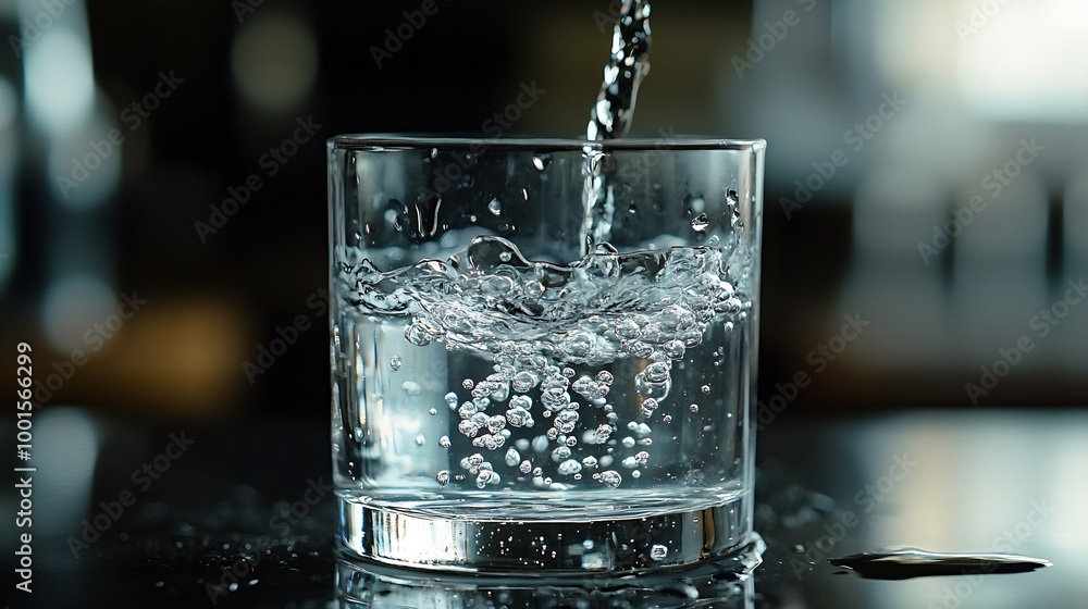 Poster pouring drinking water in a transparent glass isolated on abstract background with glass table water