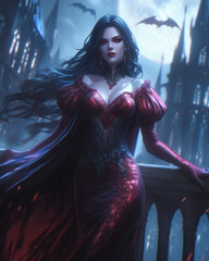 powerful female vampire with piercing eyes and flowing hair stands fiercely on a balcony wearing a detailed crimson dress at night