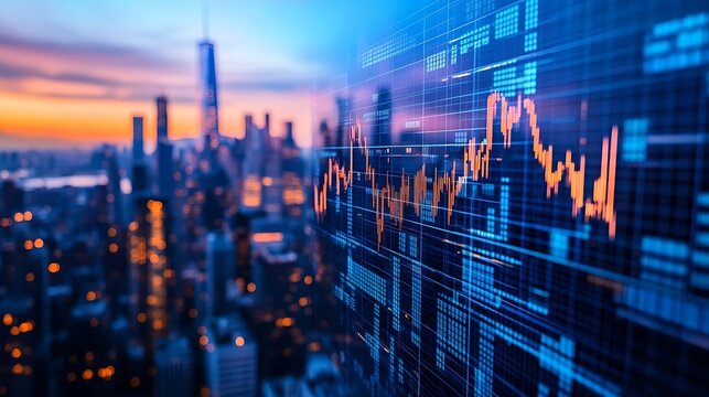 Skyscrapers Cityscape Downtown View New York Skyline Buildings Beautiful Real Estate Day time Forex Financial graph and chart hologram Business education concept : Generative AI