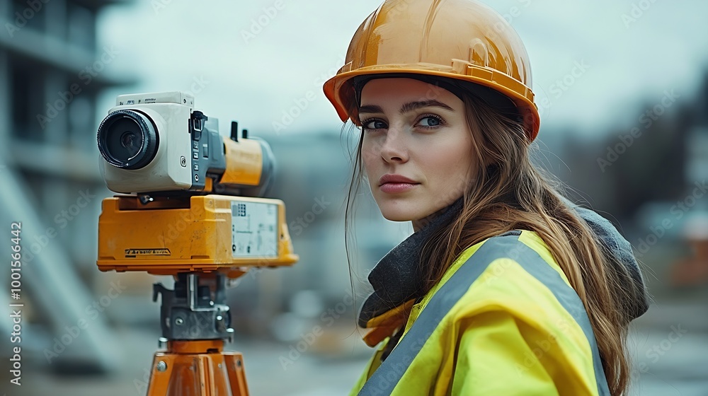 Wall mural female site engineer surveyor working with theodolite total station edm equipment on a building cons