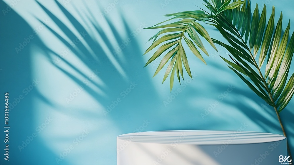 Aufkleber An elegantly simple white podium setup with the serene shadow of a palm leaf cast on a smooth blue background : Generative AI