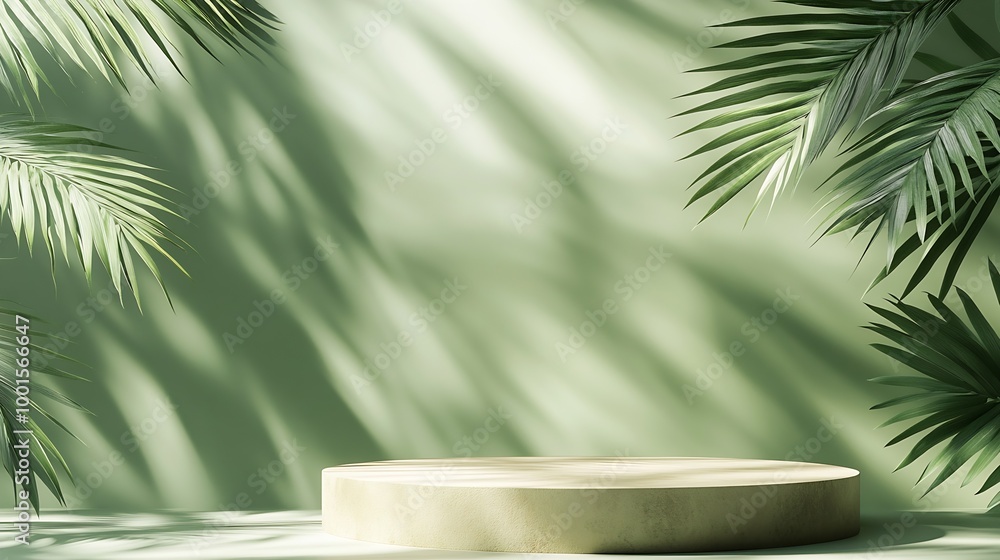 Poster abstract green background with shadow of palm leaves for the presentation of a cosmetic product a sc