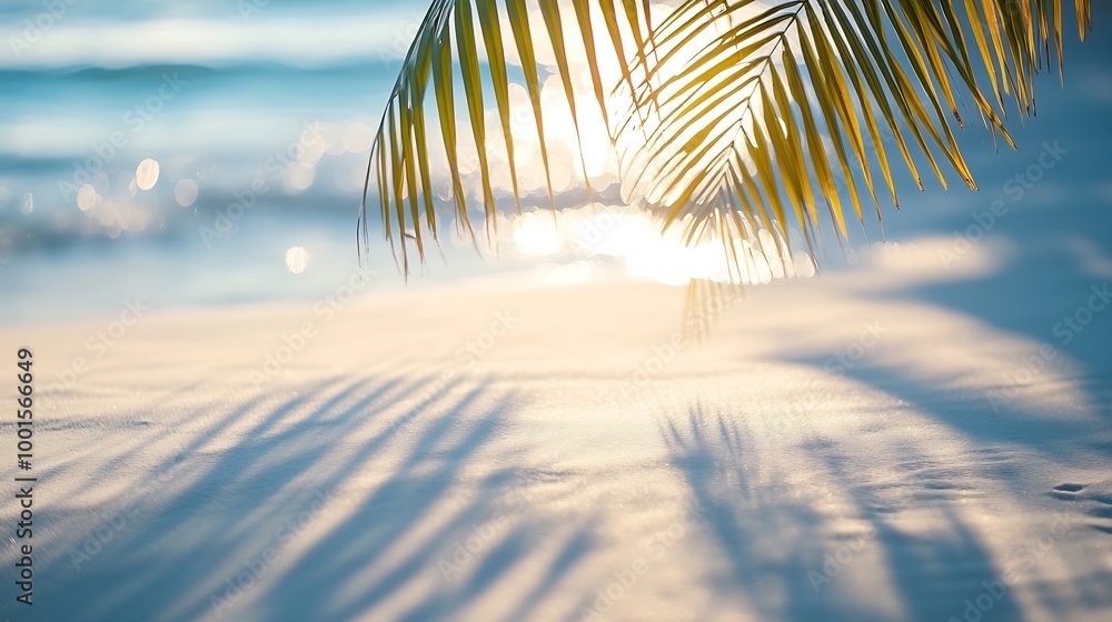 Aufkleber palm leaf shadow on abstract white sand beach background sun lights on water surface beautiful abstr