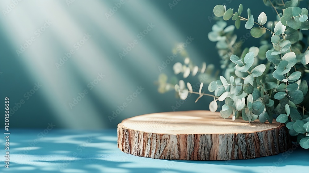 Poster abstract empty wood slice podium with eucalyptus leaves and shadows on blue background mock up stand