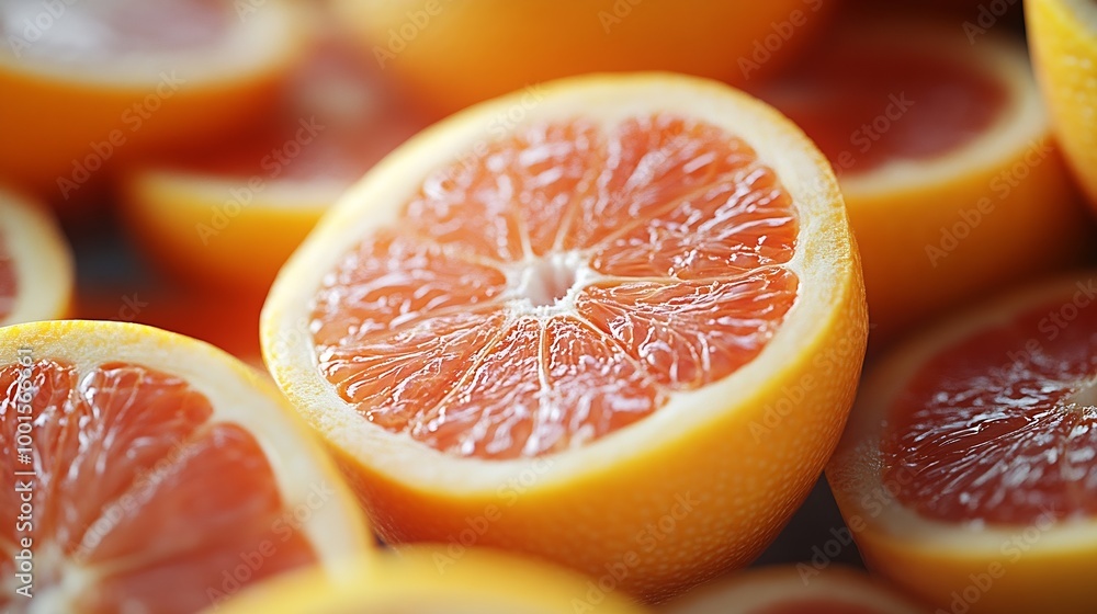 Poster Closeup of sliced ripe grapefruit macro creative background : Generative AI