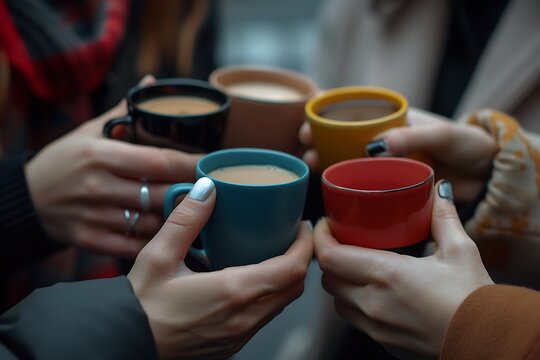 A group of hands holding colorful cups of hot beverages, showcasing a cozy gathering and joyful moments among friends.