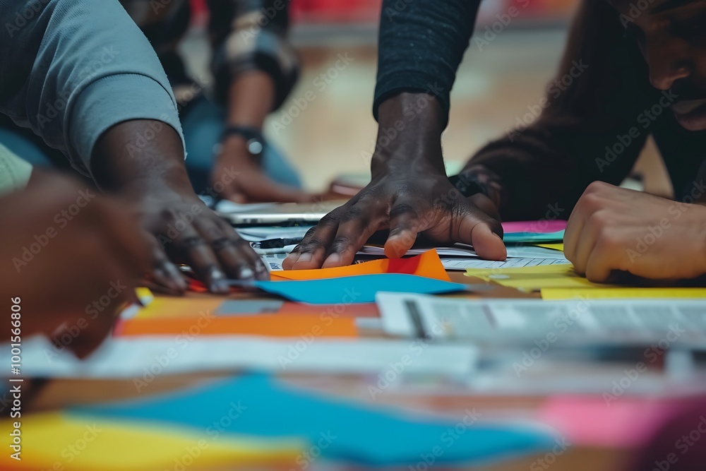 Poster hands engage in a collaborative activity over colorful papers on a table, highlighting creativity an