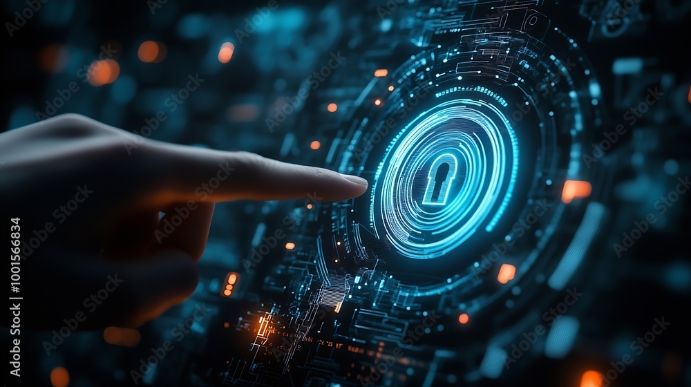 Poster technology login information security privacy business protection protect padlock password touching padlock hud to view cloud technology system that tech is protect your data and secur : Generative AI