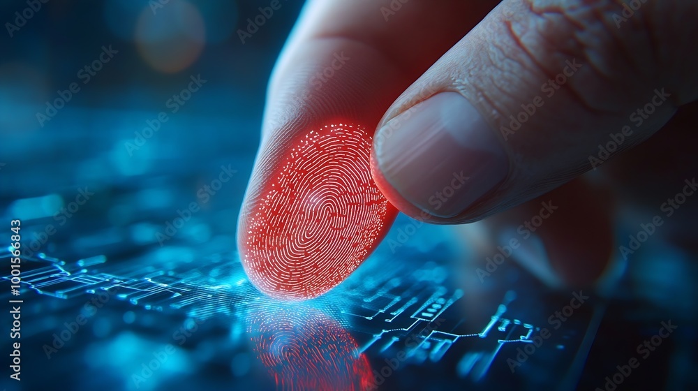 Leinwandbilder Man using thumb to scan finger print or for digital processing  biometric identification  to access  security system includes internet banking cloud system and mobile phone  Cyber secu : Generative AI