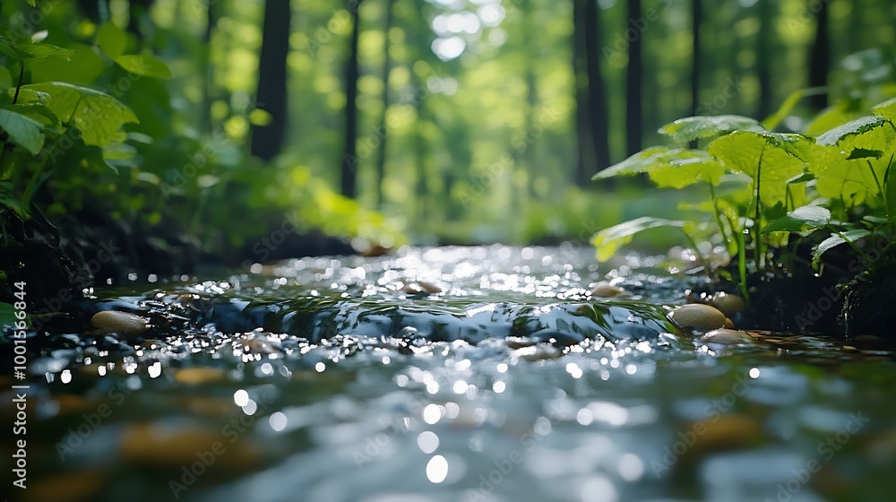 Poster Spring background Stream of water in the forest : Generative AI