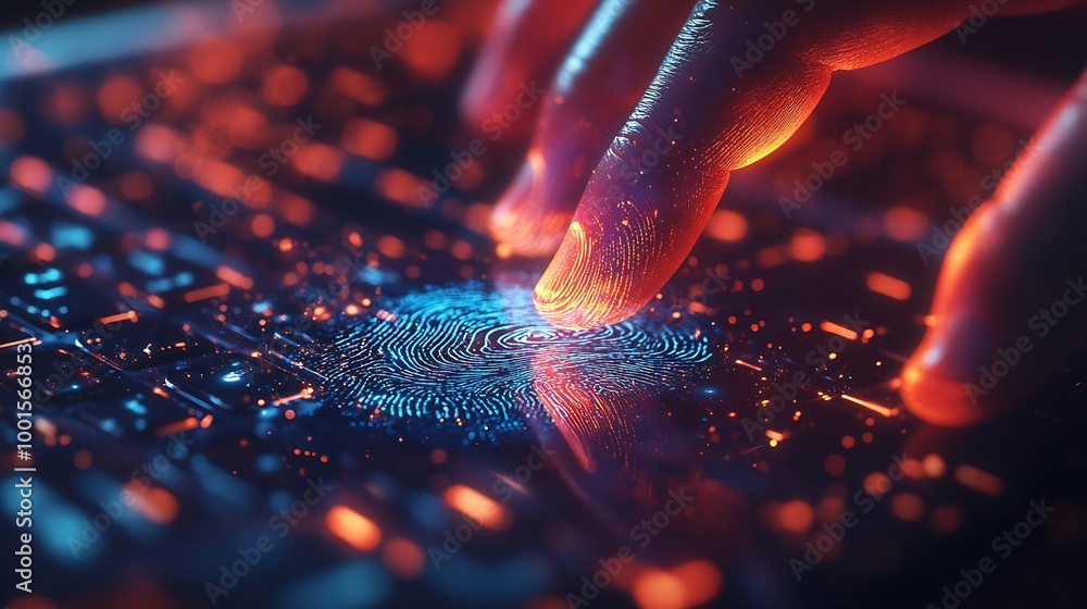 Poster Double exposure of abstract creative fingerprint hologram with hands typing on laptop on background research and development concept : Generative AI