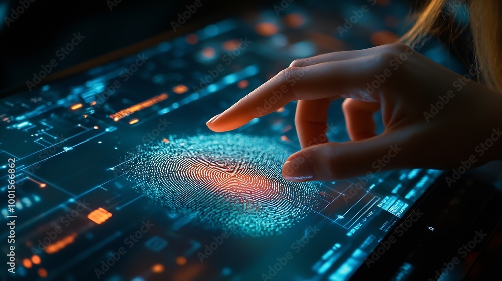 Poster Biometric security system identification businesswoman scanning fingerprint to access authentication personal financial data cyber security concept : Generative AI