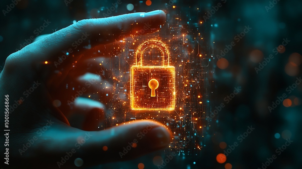 Aufkleber Cyber security Hand hold digital padlock Login verified identity credentials on network of data protection technologyOnline internet authorized access against cyber attack and business : Generative AI