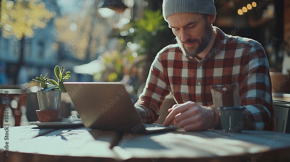 Poster Man Checking Emails Coffee Break Concept : Generative AI