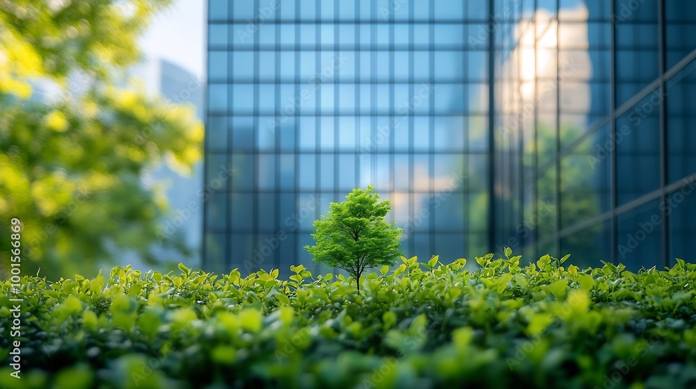 Aufkleber selective focus on tree and eco friendly building with vertical garden in modern city green tree for
