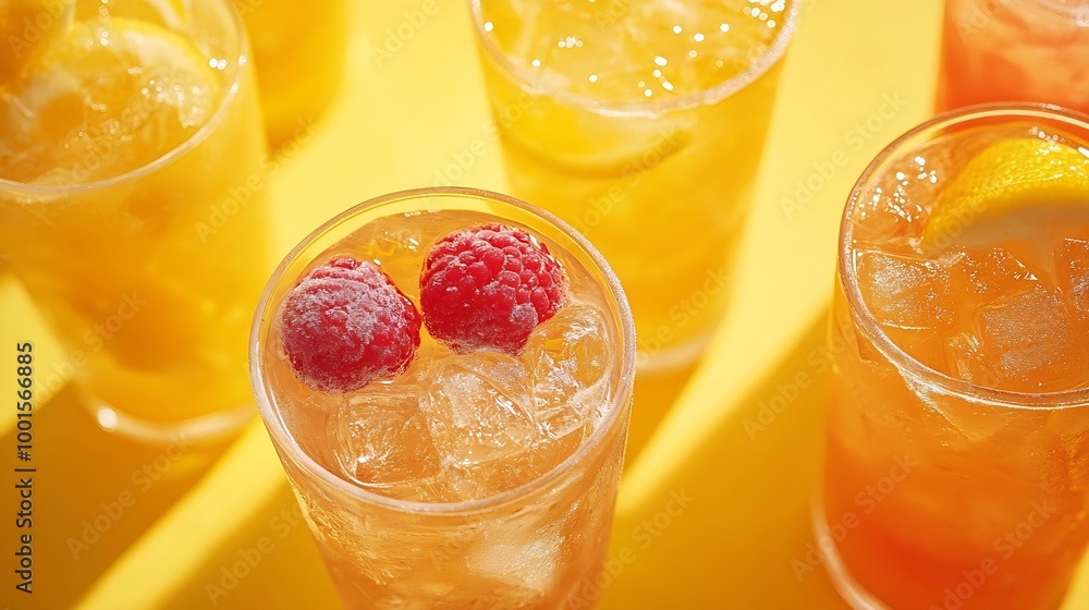 Poster takeaway glasses of summer drinks with ice top view lemonades and coctails on yellow background : ge