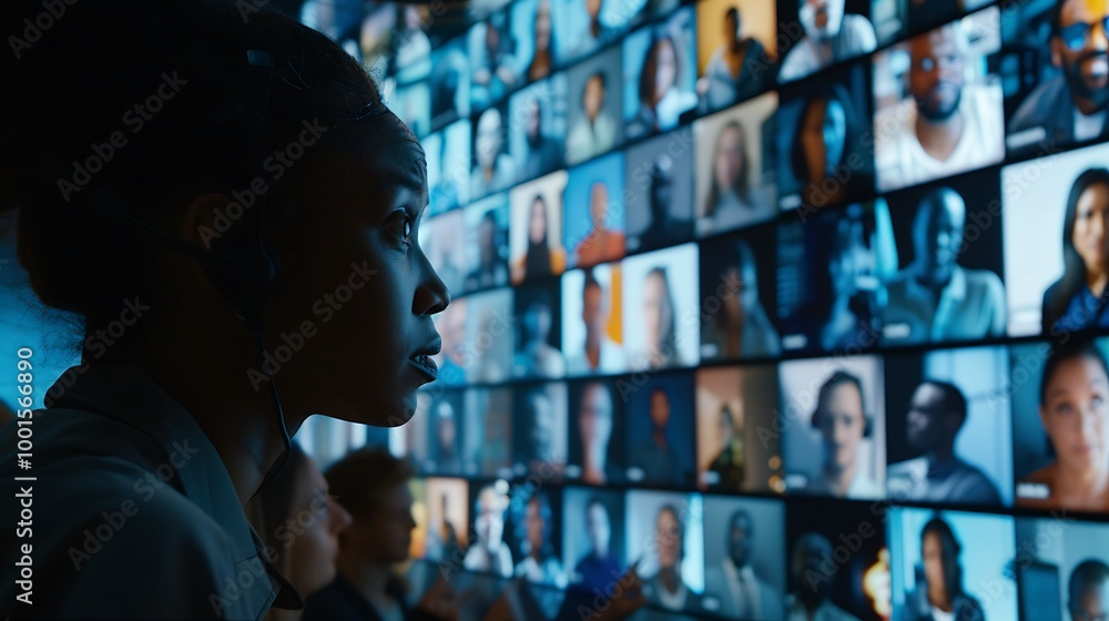 Poster a profile view of a person watching a wall of numerous faces displayed on screens, representing a di
