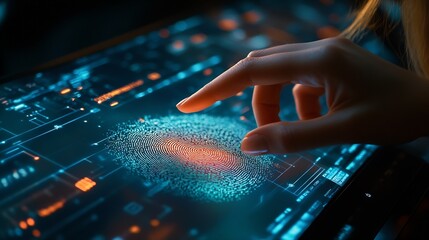 Biometric security system identification businesswoman scanning fingerprint to access authentication personal financial data cyber security concept : Generative AI