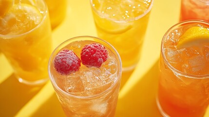 Takeaway glasses of summer drinks with ice top view Lemonades and coctails on yellow background : Generative AI © The Little Hut